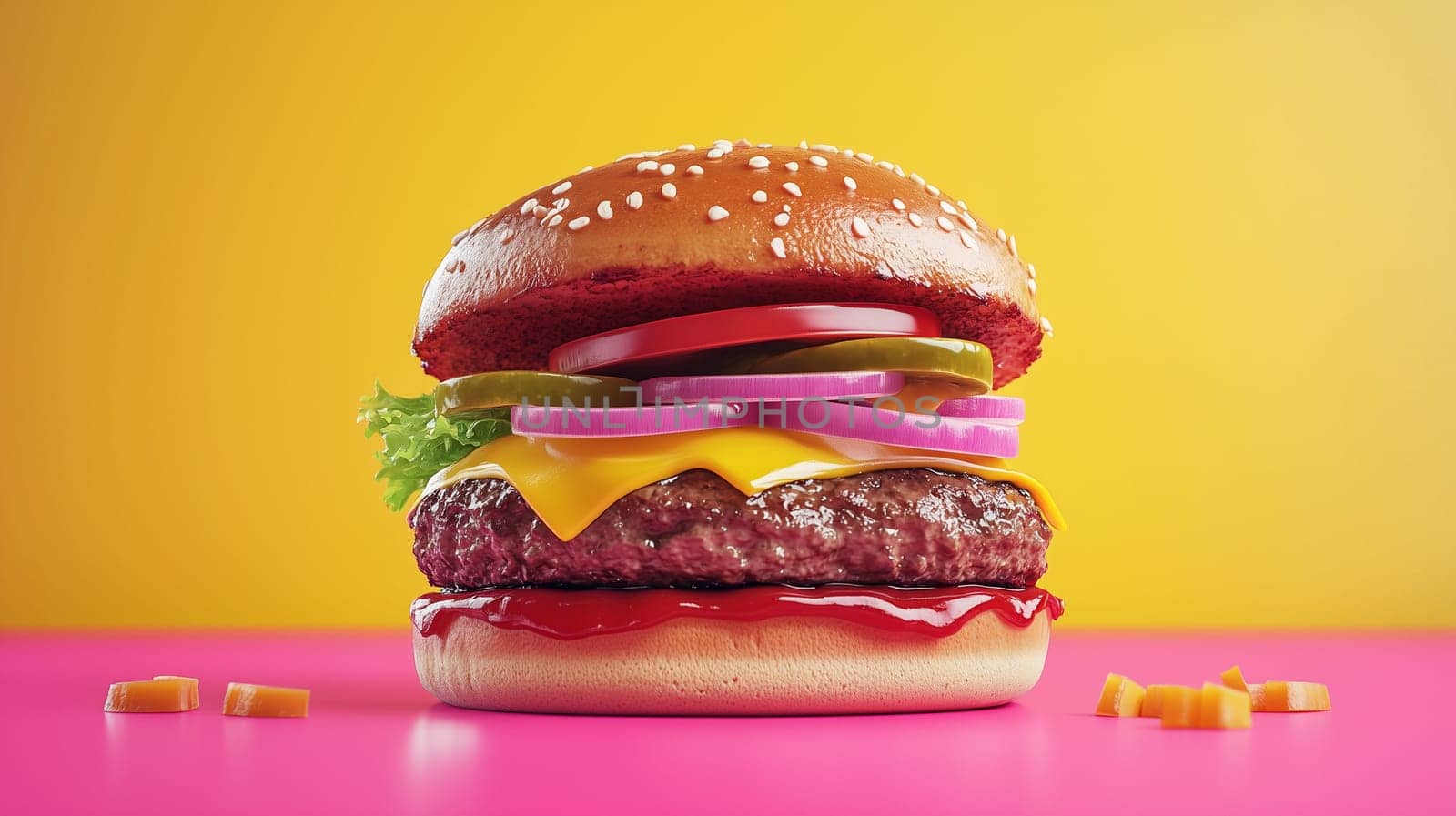 A cheeseburger features a juicy patty topped with cheese, lettuce, onions, pickles, and ketchup, set against a vibrant yellow and pink background.
