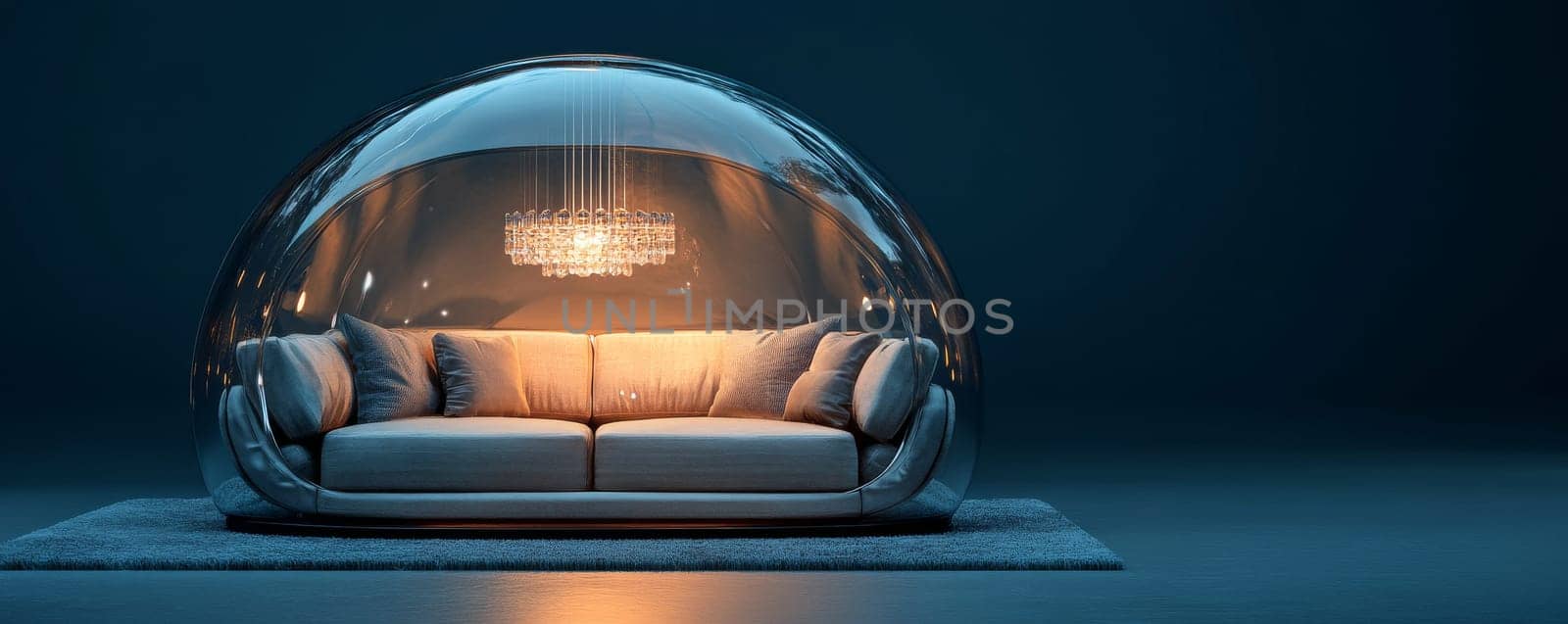 Modern sofa inside a transparent dome with ambient lighting, futuristic design concept.