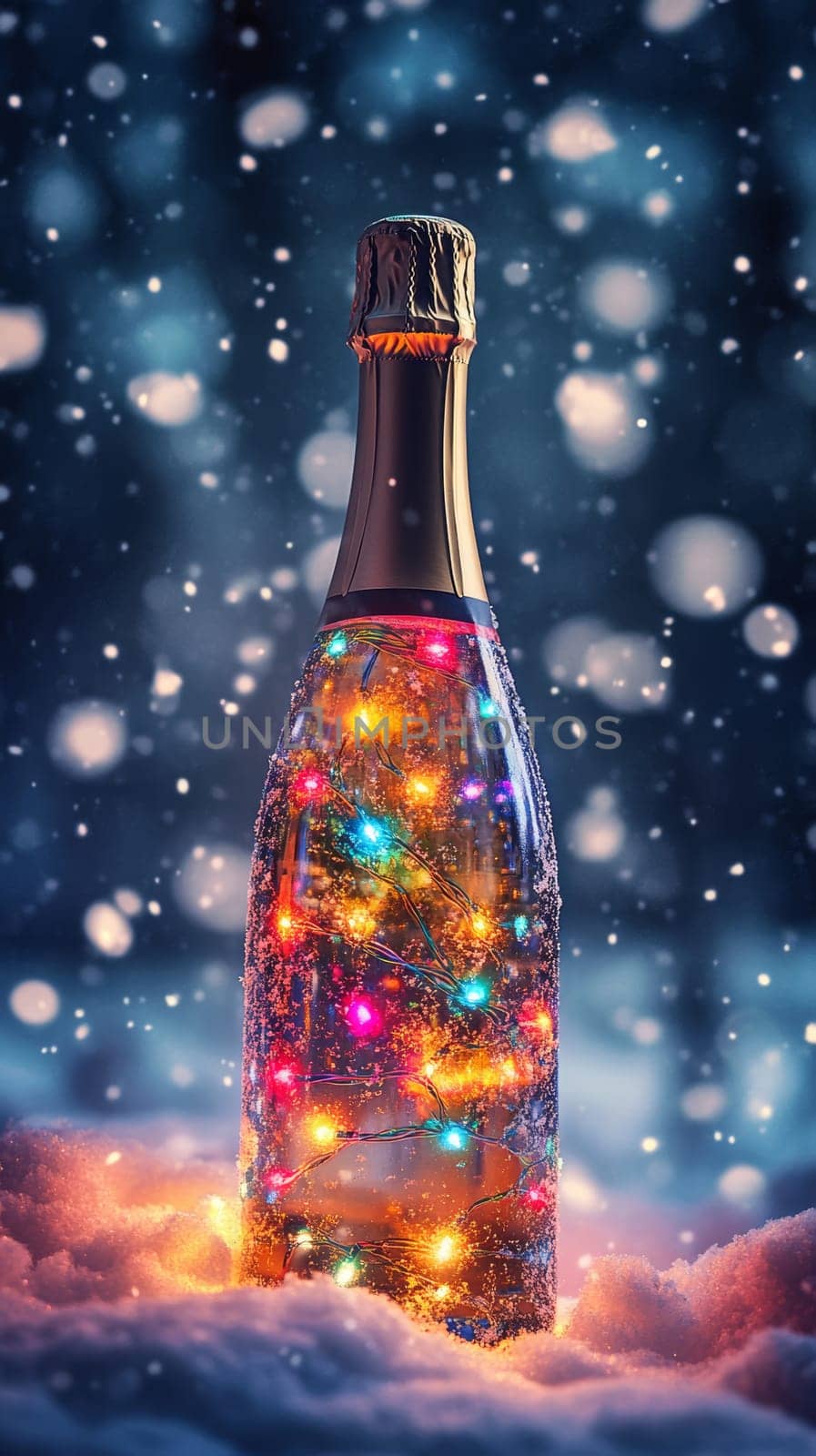 Champagne bottle adorned with colorful lights in snowy atmosphere, holiday celebration concept.