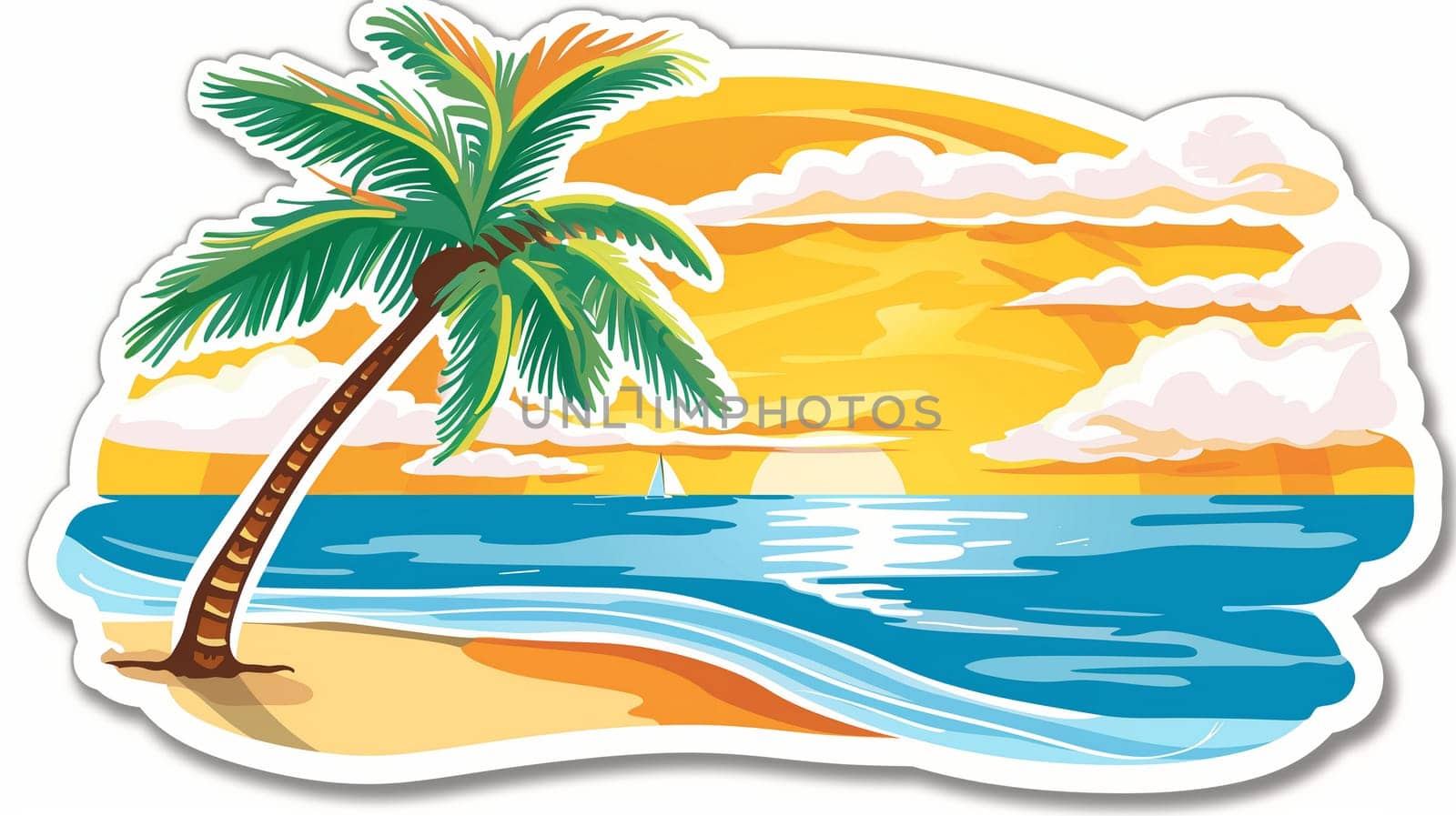 A tranquil beach setting features towering palm trees against a vibrant sunset filled with warm hues. The sea gently laps at the sandy shore, and a distant sailboat glides across the water, creating a serene atmosphere of peace and relaxation.