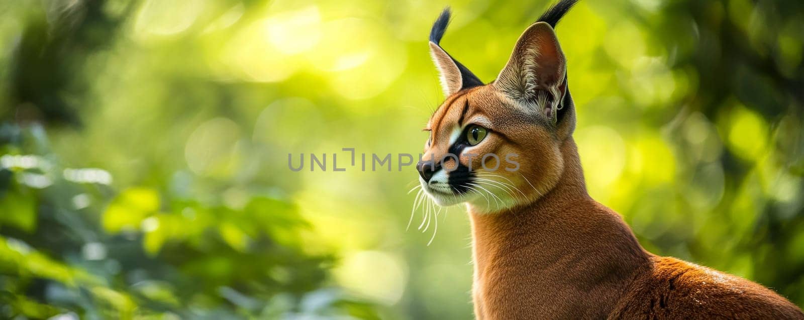 Caracal in lush green forest, side view. Wildlife and nature photography concept.
