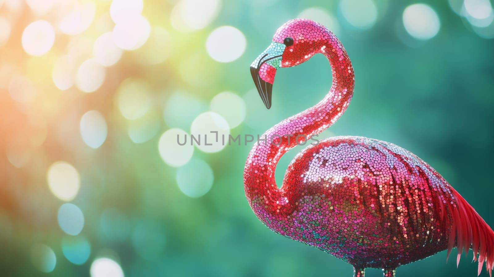 Shimmering pink flamingo sculpture with green bokeh background, artistic decoration concept.