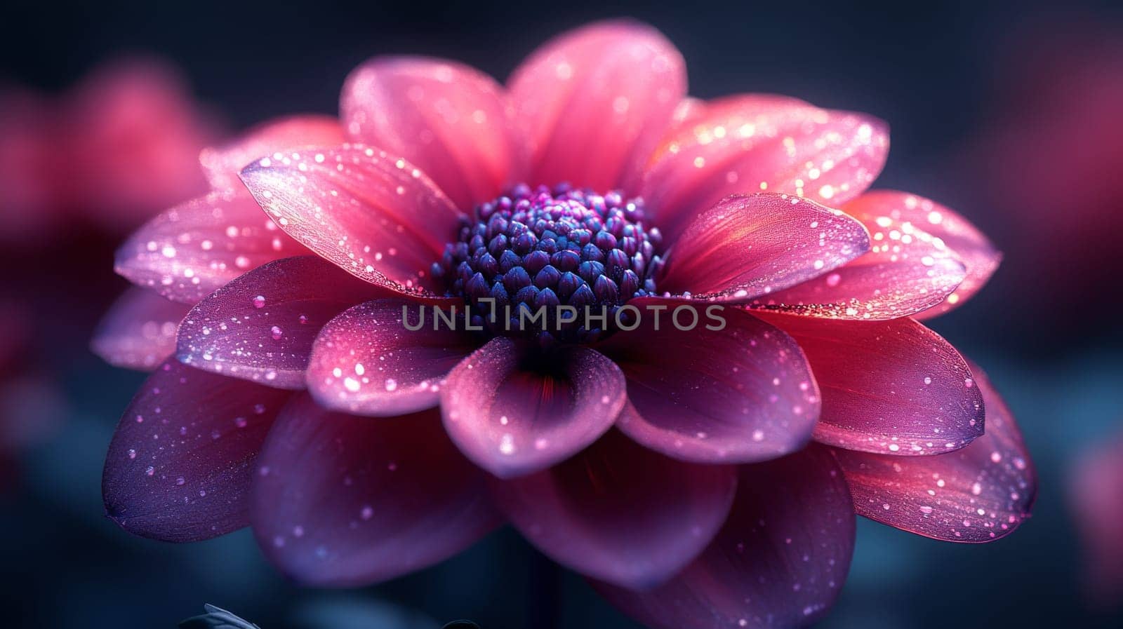Macro photography of pink dahlia with dewdrops, dark background. Nature beauty and floral concept.