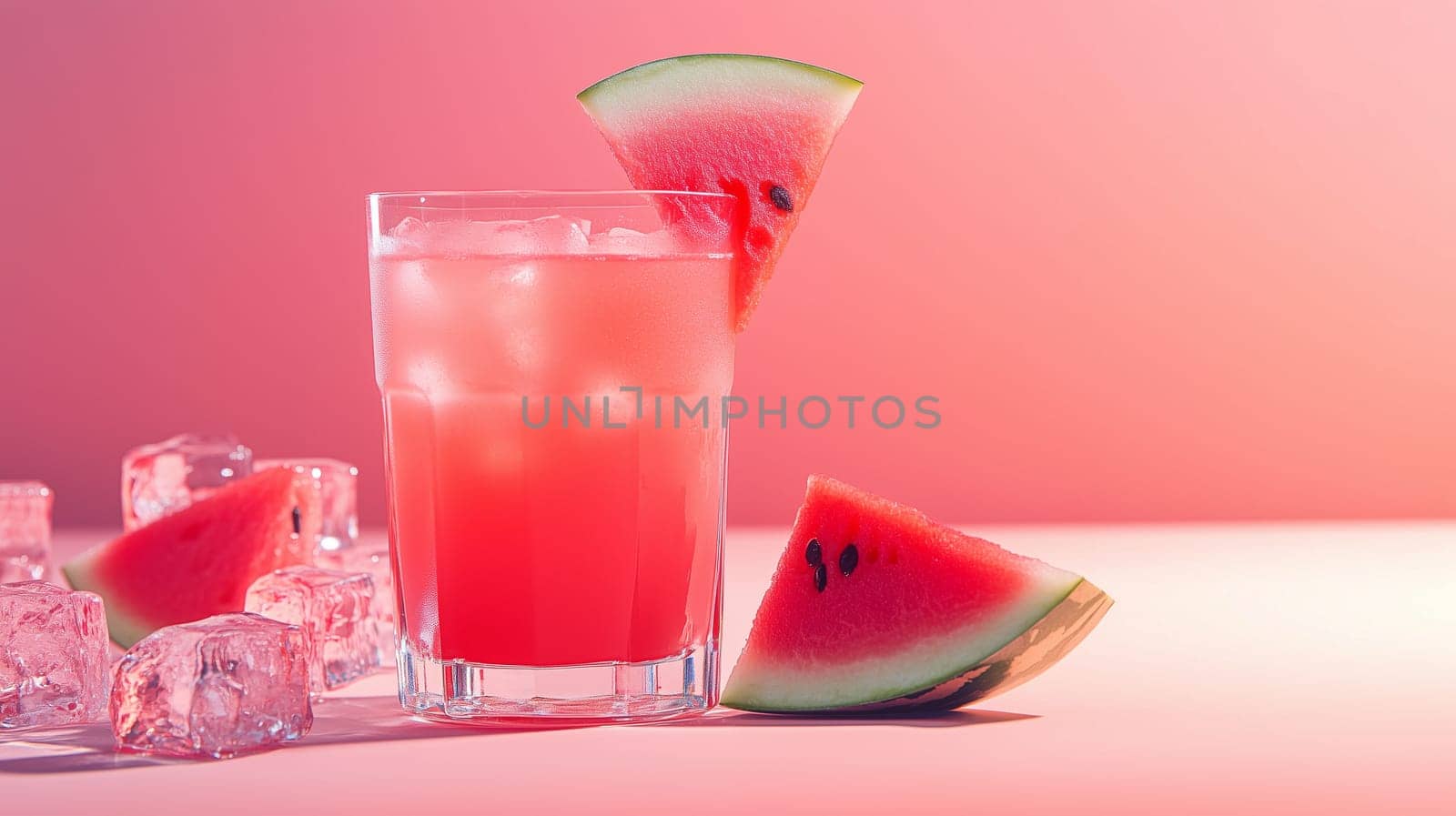 A delicious watermelon cocktail filled with ice sits on a table, complemented by fresh watermelon slices. The vibrant pink backdrop enhances the refreshing summer drink's appeal.