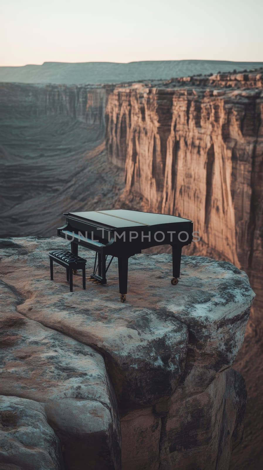 Grand piano on cliff edge at sunrise.