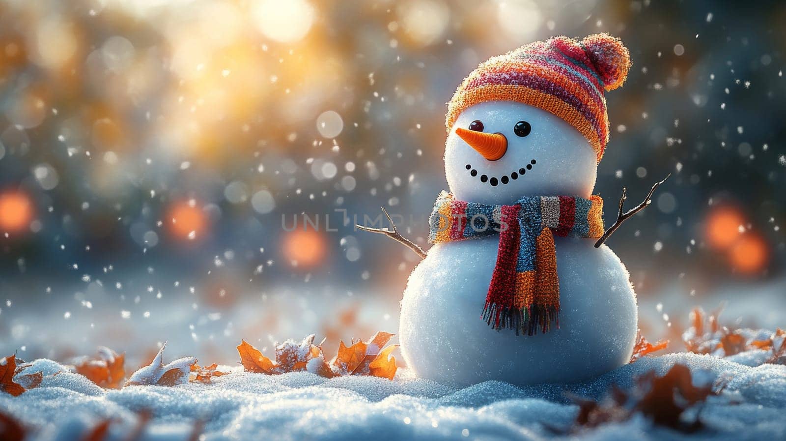 Snowman with scarf and hat in snowy landscape, festive winter concept.
