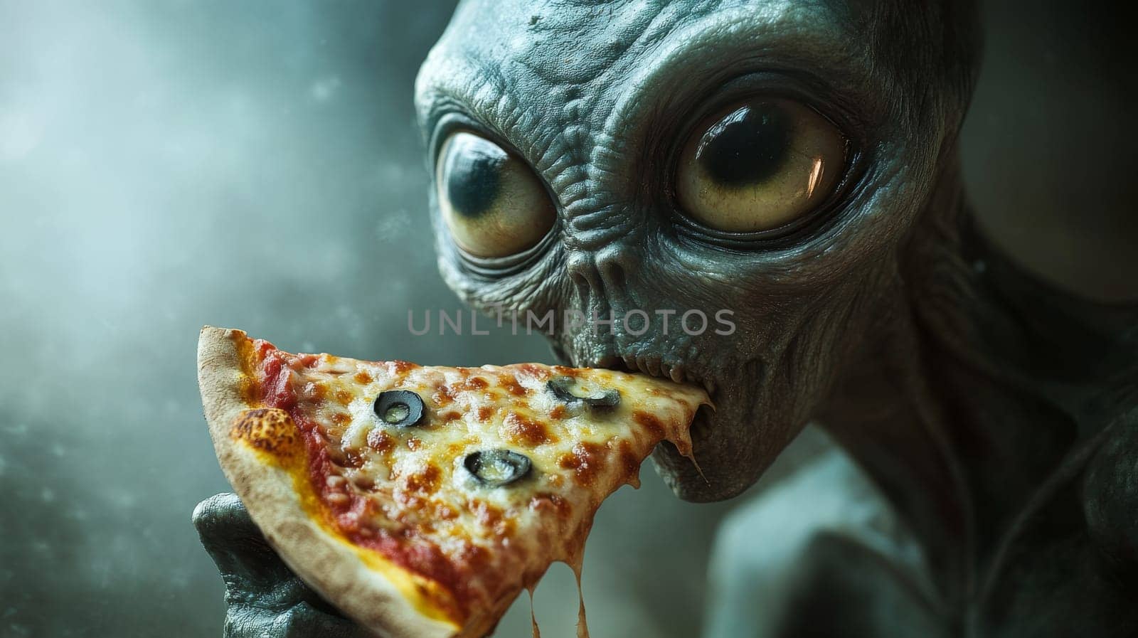 Alien eating pizza with olives, humorous concept.