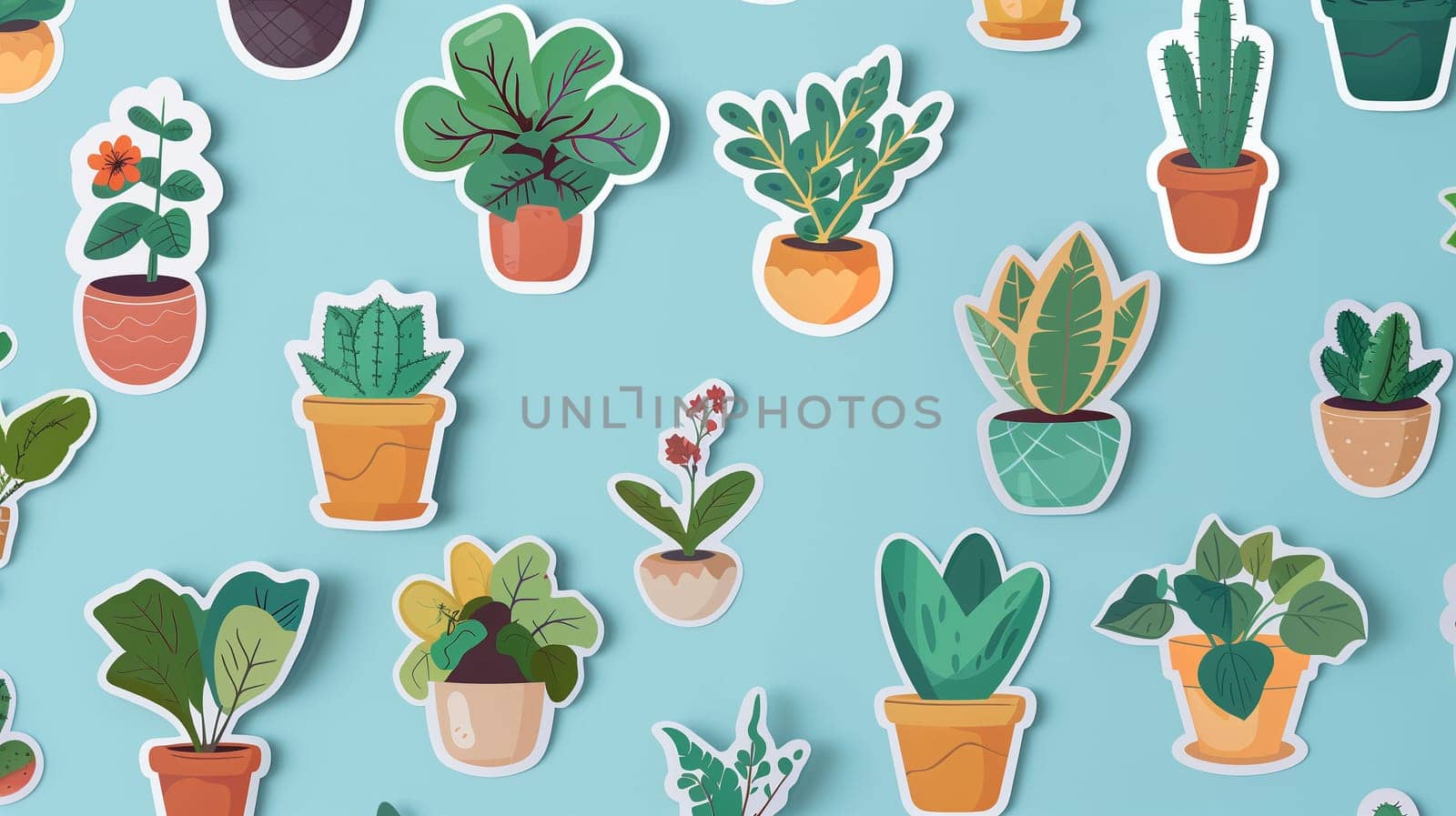 A vibrant collection of stickers featuring different types of indoor plants is arranged against a soothing light blue background. Each sticker depicts unique plant designs in pots, showcasing lush greenery and colorful details, creating a cheerful atmosphere.