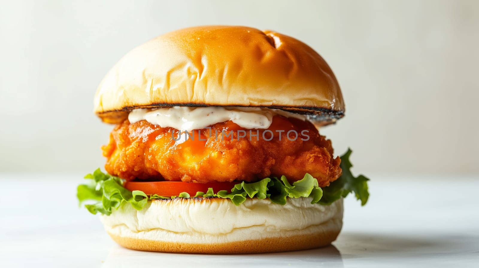 A hearty fried chicken sandwich topped with lettuce, tomato, and creamy sauce, served on a golden, toasted bun.