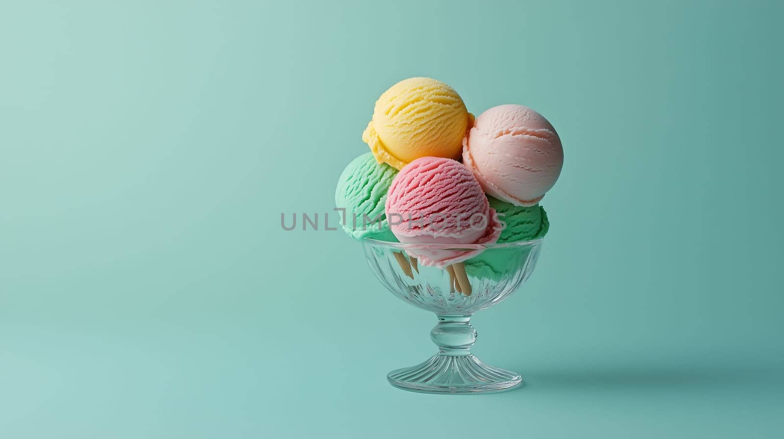 A bowl holds several scoops of ice cream in green, pink, and yellow flavors, arranged attractively against a soft pastel backdrop.