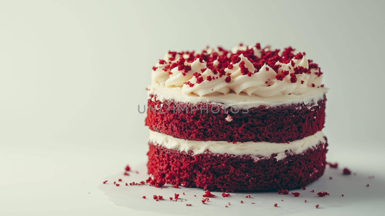 A beautifully crafted red velvet cake features two layers filled with creamy frosting and topped with red crumbs, set against a simple background.