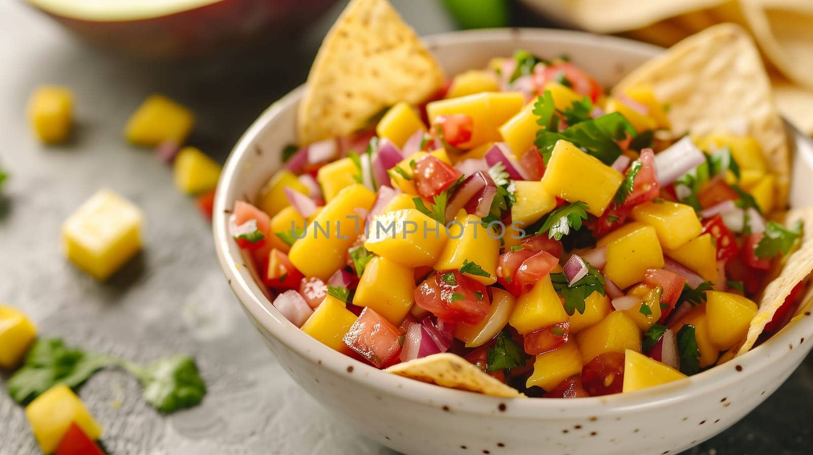 A vibrant bowl of mango salsa features diced mango, tomatoes, red onion, and fresh cilantro, accompanied by crunchy tortilla chips on a gray stone surface. The colorful mixture offers a refreshing and flavorful snack perfect for gatherings.