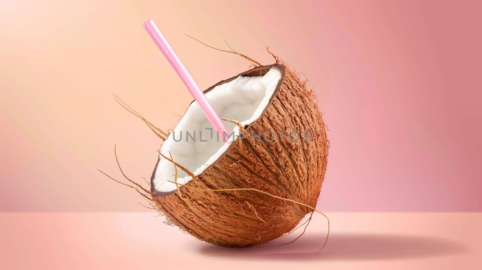 A halved coconut sits on a surface, featuring a pastel pink background that enhances its natural color. A pink straw is placed inside, inviting one to enjoy the refreshing beverage contained within. The arrangement highlights the coconut's textured outer shell and soft inner flesh.