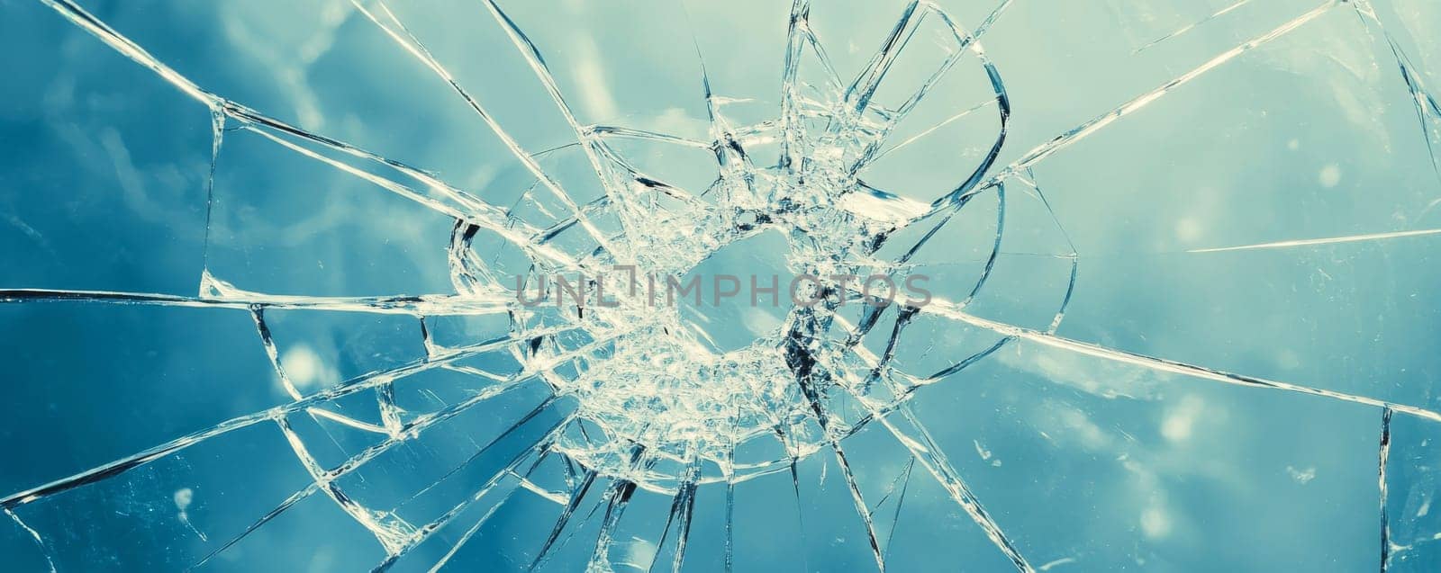 Close-up of shattered glass on a blue background. Fragility and breaking concept.