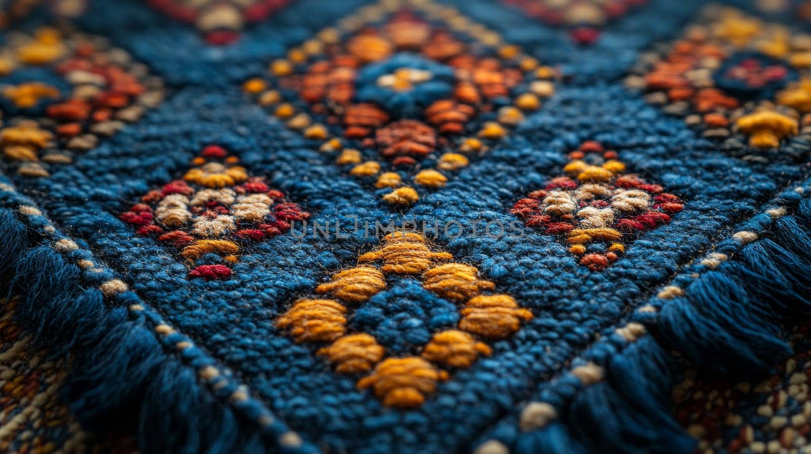 Ornate carpet blue and orange with geometric patterns, intricate textile art, cultural heritage concept.