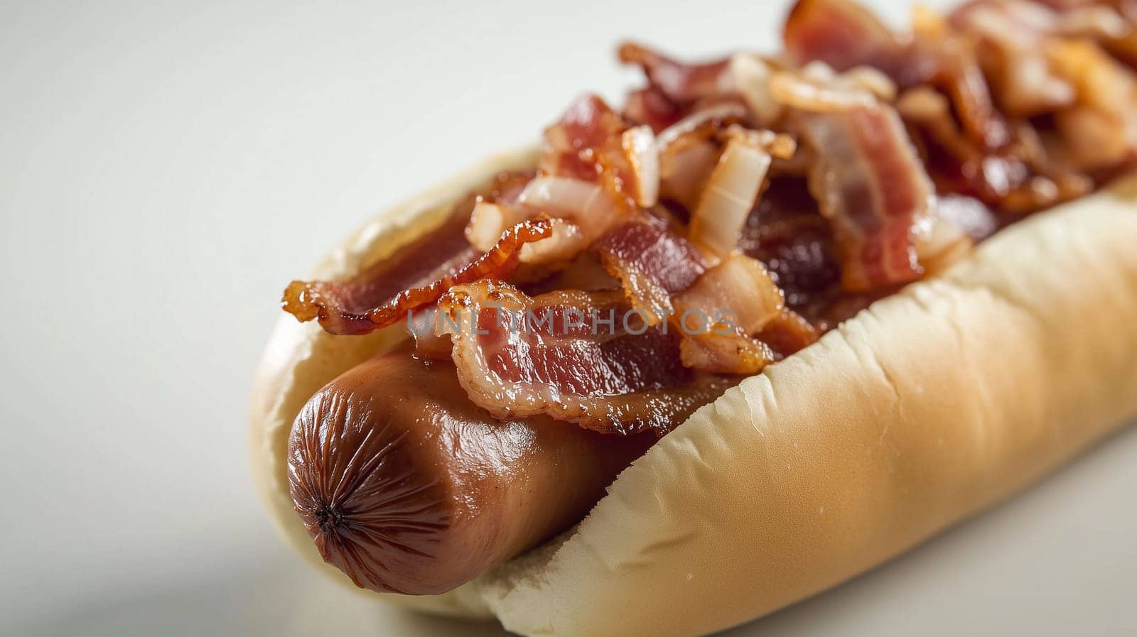 A mouthwatering hot dog is generously topped with crispy bacon, nestled in a soft bun. This tempting dish is perfect for outdoor barbecues or casual summer gatherings.