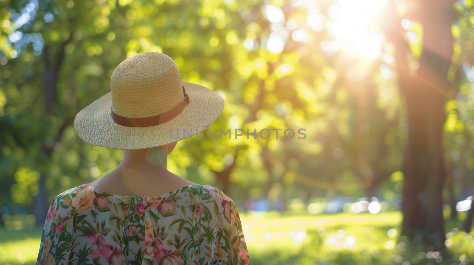 A woman stands peacefully in a vibrant park, wearing a wide-brimmed straw hat and a floral blouse. The sunlight filters through lush, green leaves, creating a warm, inviting atmosphere.