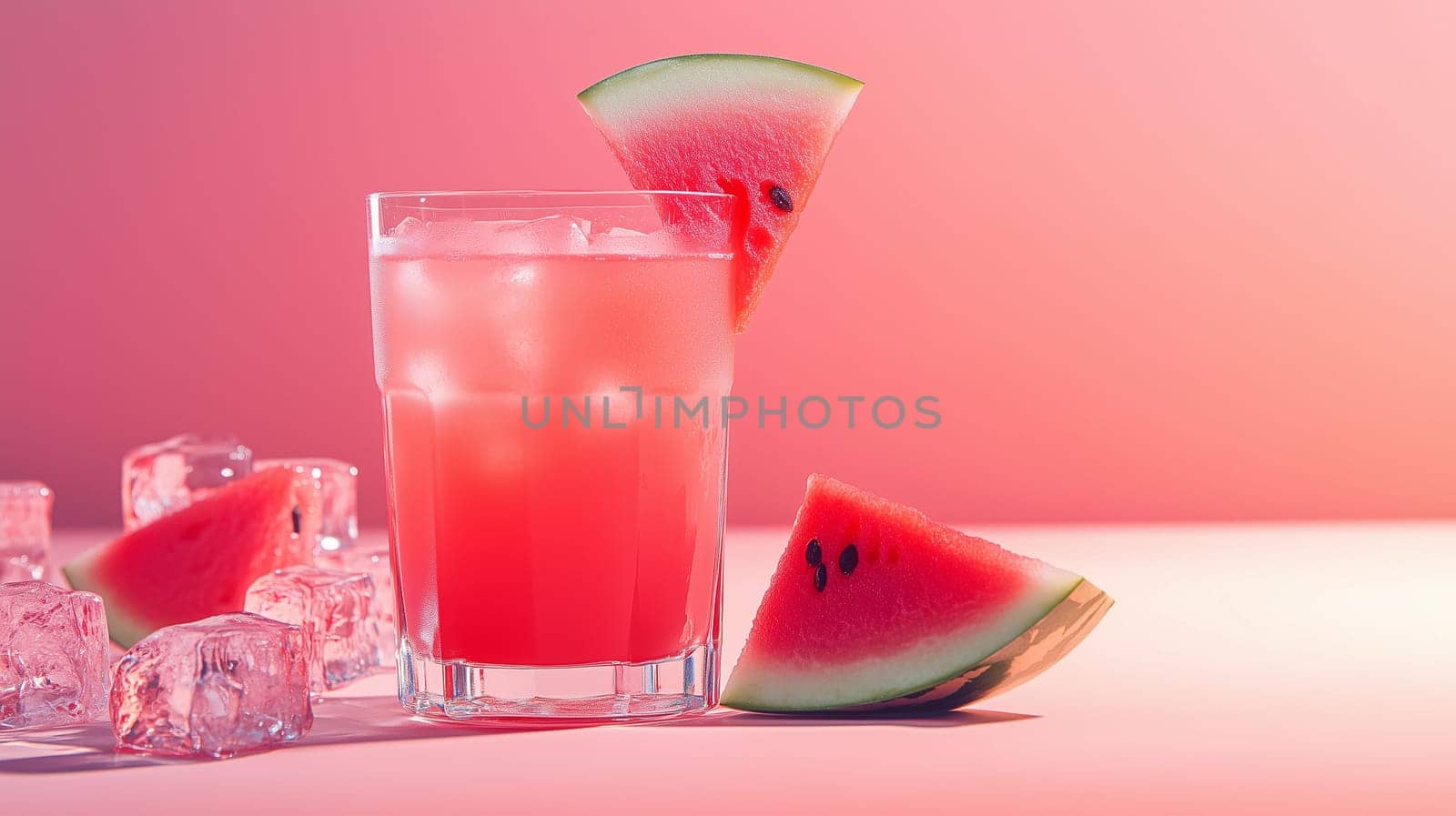 A delicious watermelon beverage fills a clear glass, adorned with fresh fruit slices. Ice cubes surround the glass against a soft pink backdrop, creating a vibrant and inviting atmosphere.