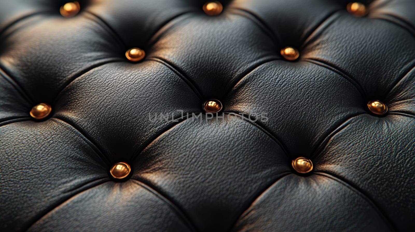 Black tufted leather upholstery with golden buttons, close-up view. Luxury interior design and elegance concept.