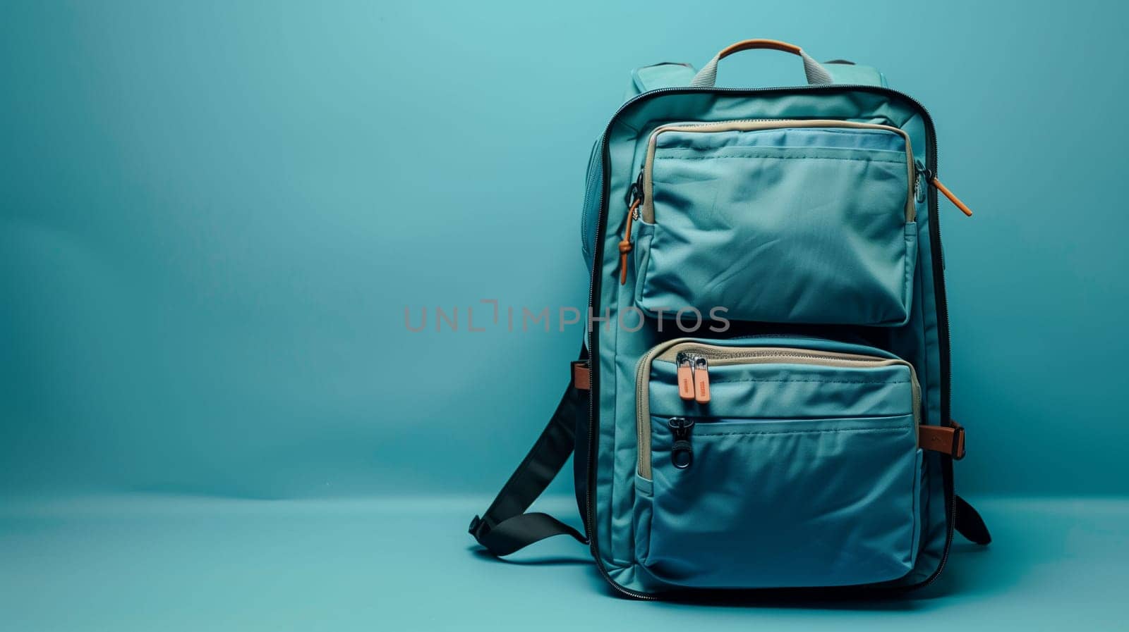 A durable backpack featuring several compartments is displayed open on a light blue background. This design allows easy access to belongings, making it suitable for travel, school, or outdoor activities. The thoughtful layout provides organized storage for personal items.