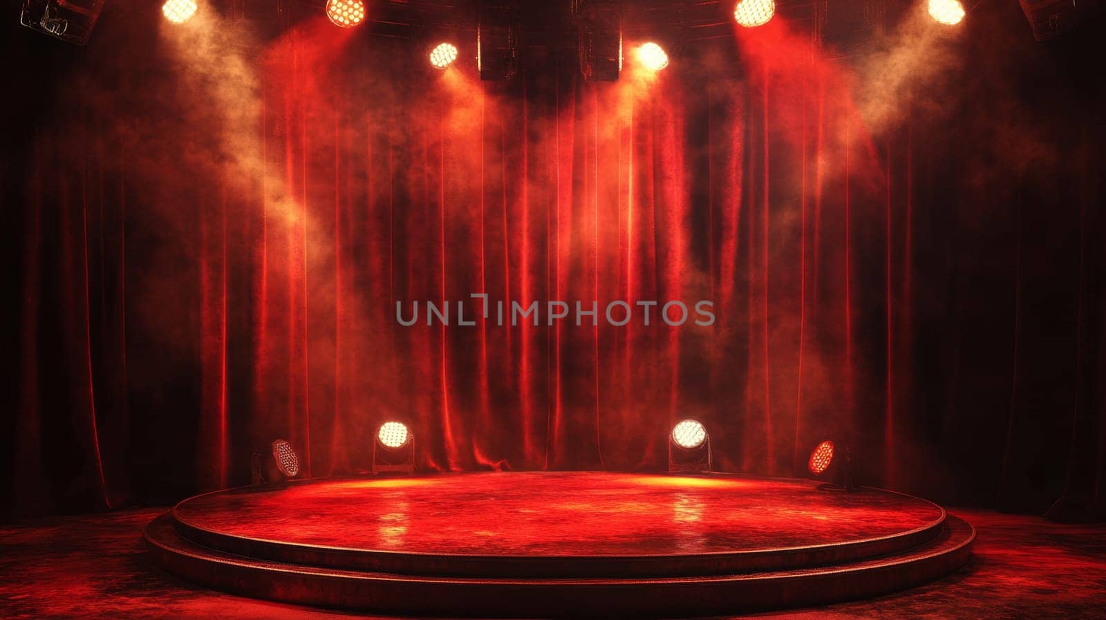 Empty stage with red curtains and spotlights, dramatic theater atmosphere.