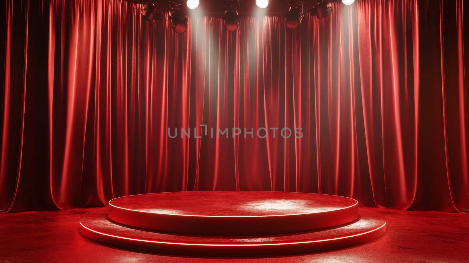 Red stage with spotlight and curtains, theater ambiance. Performance and entertainment concept.