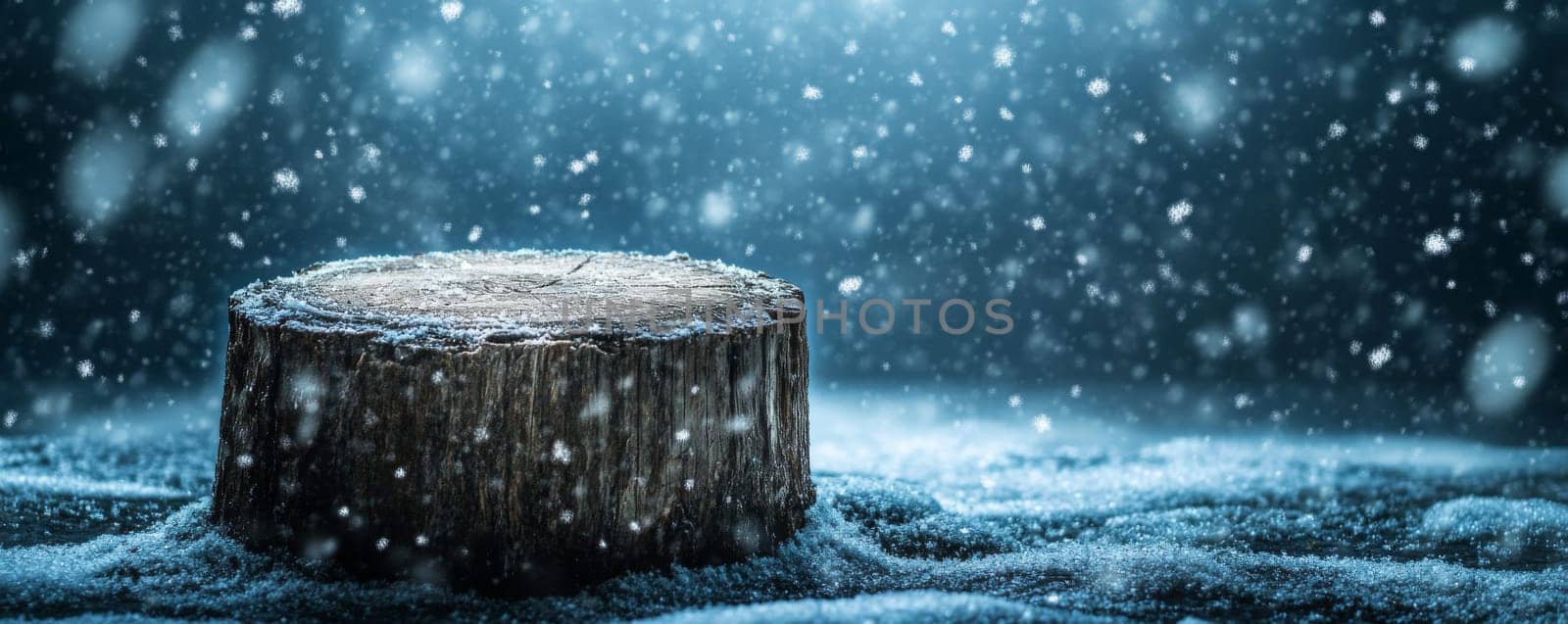 Tree stump in a snowy forest, winter wonderland concept.