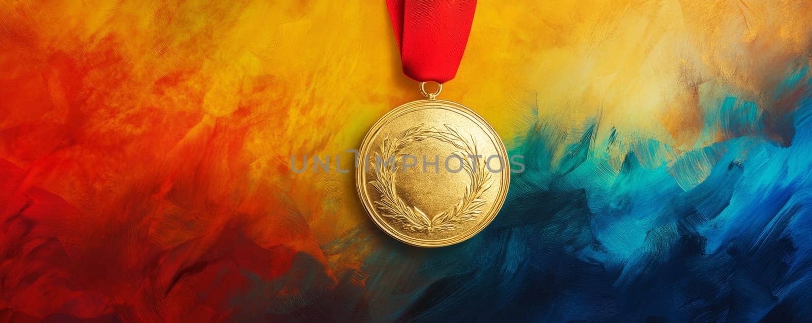 Gold medal on vibrant abstract painted background, victory and success concept.