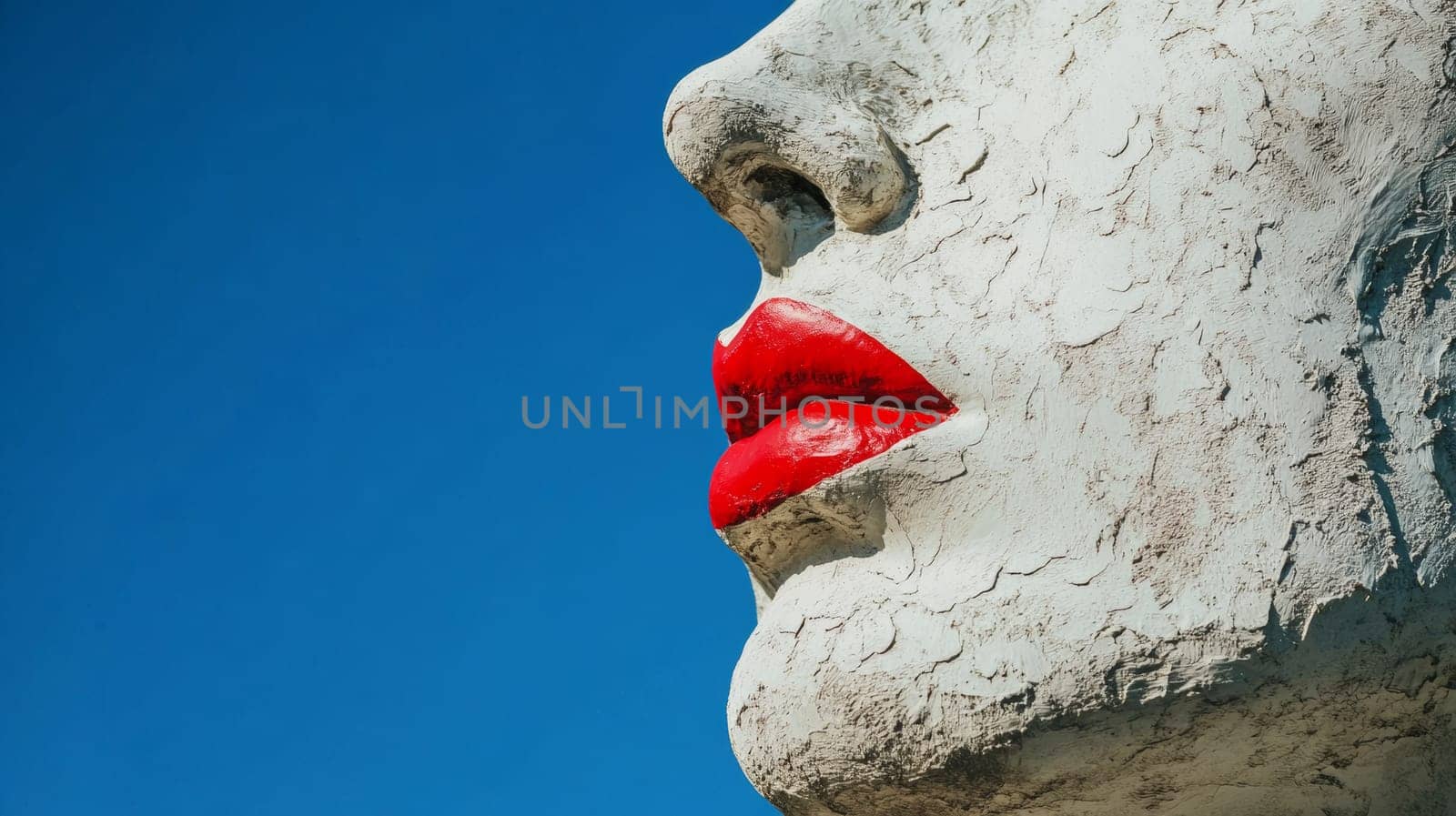 Sculpture of face with red lips against blue sky, abstract art concept.