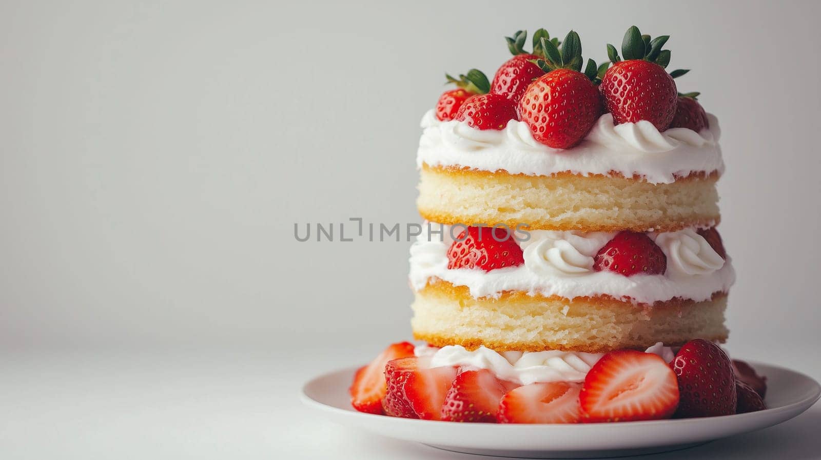 A beautifully decorated layered cake features three tiers of light sponge cake, topped with whipped cream and fresh strawberries. The presentation highlights the vibrant colors of the strawberries.