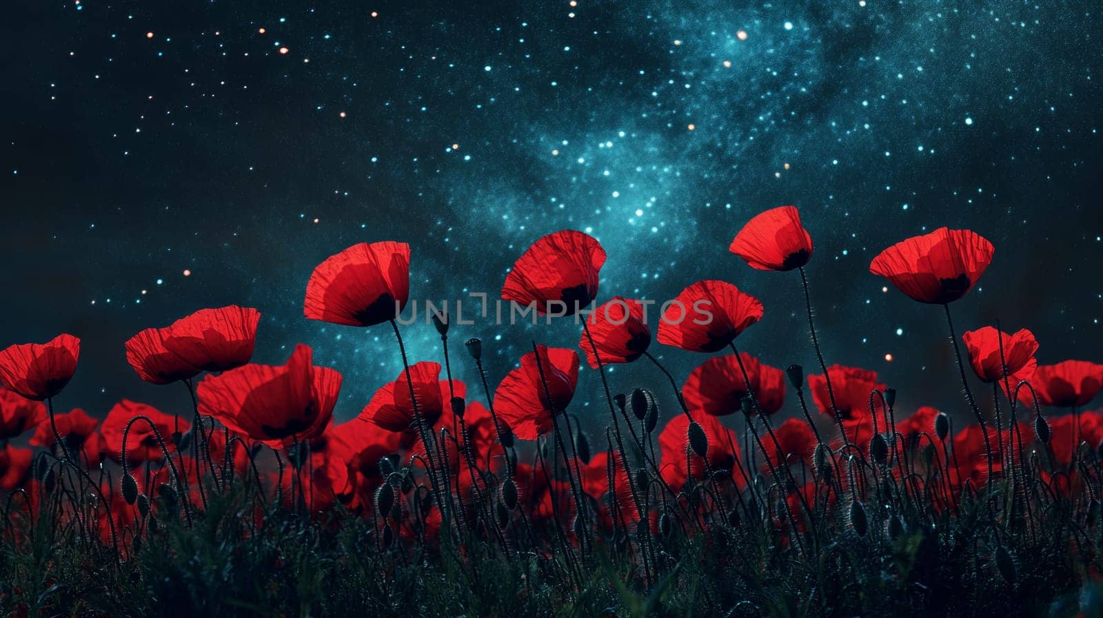 Red poppies under a starry night sky, serene landscape. Dreamlike nature and tranquility concept.