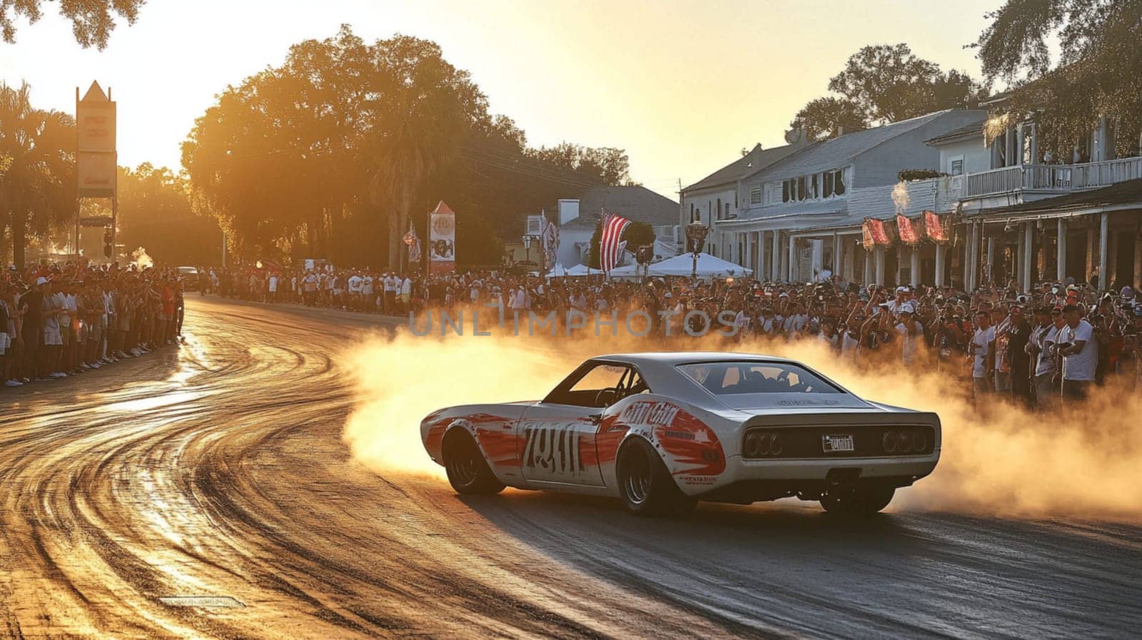 Powerful sports cars race through city streets at sunset, leaving a trail of smoke, thrilling spectators with high speed action