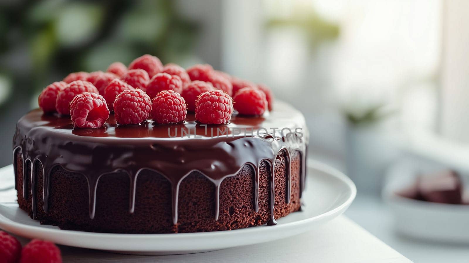 A rich chocolate cake topped with vibrant raspberries sits on a white plate, creating an inviting dessert. The warm indoor atmosphere enhances the appeal of the delicious treat.