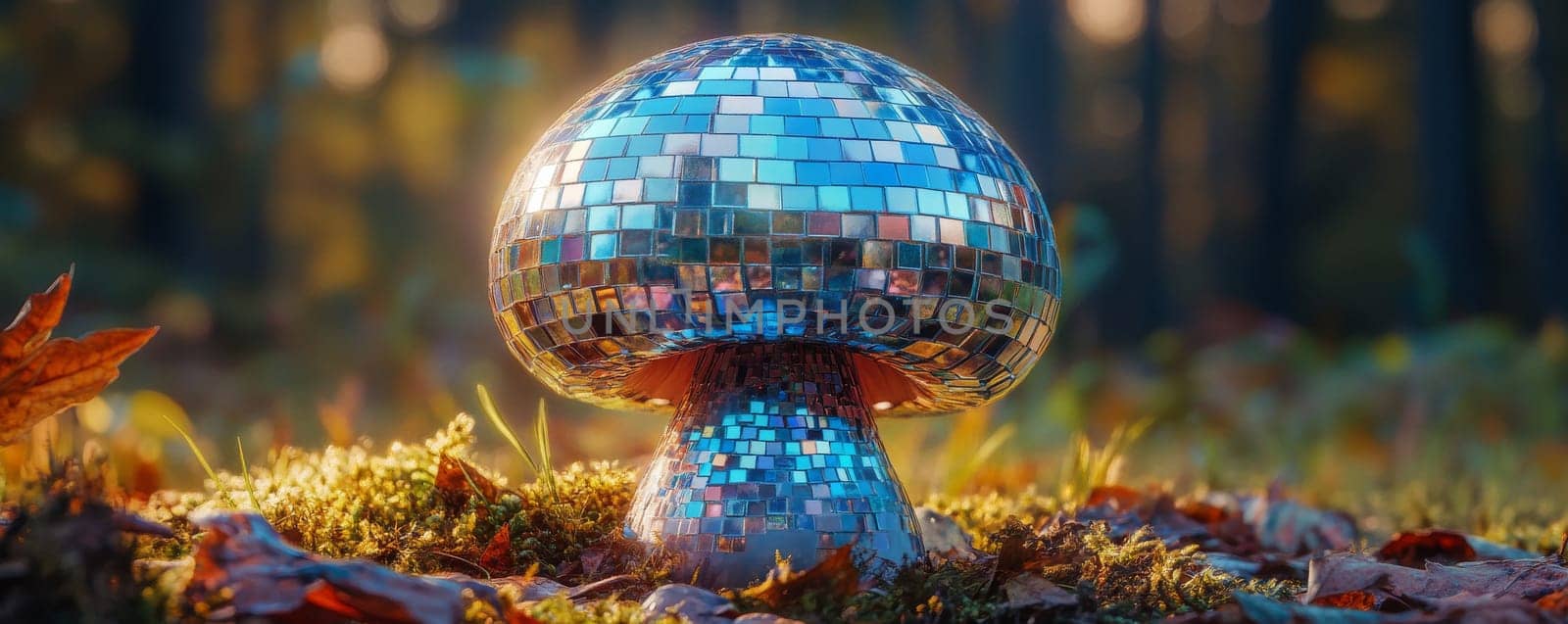 Mosaic disco ball mushroom in a forest, reflecting sunlight. Surreal art and nature fusion concept.