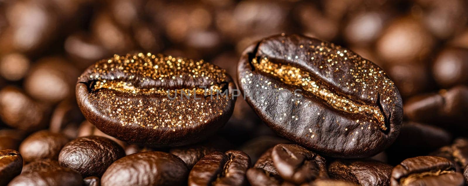 Close-up of coffee beans with golden glitter, luxury concept.