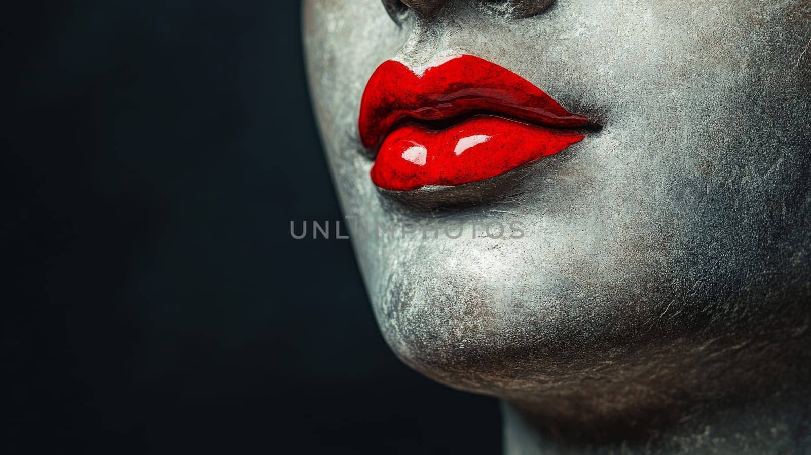 Close-up of stone sculpture with bright red lips, artistic expression. Modern art and surreal beauty concept.