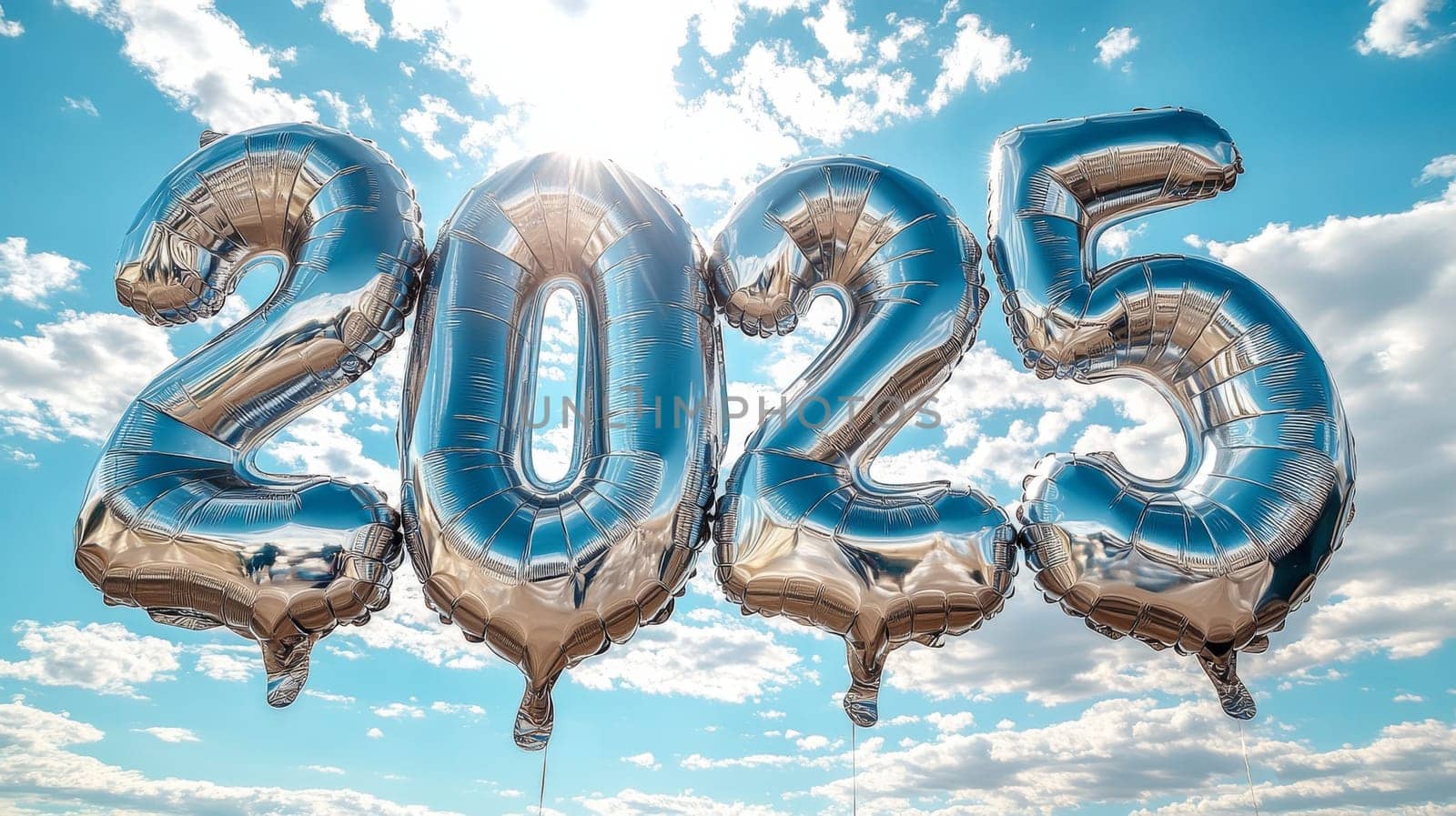 Silver 2025 balloons floating in the blue sky, celebration and new year concept.