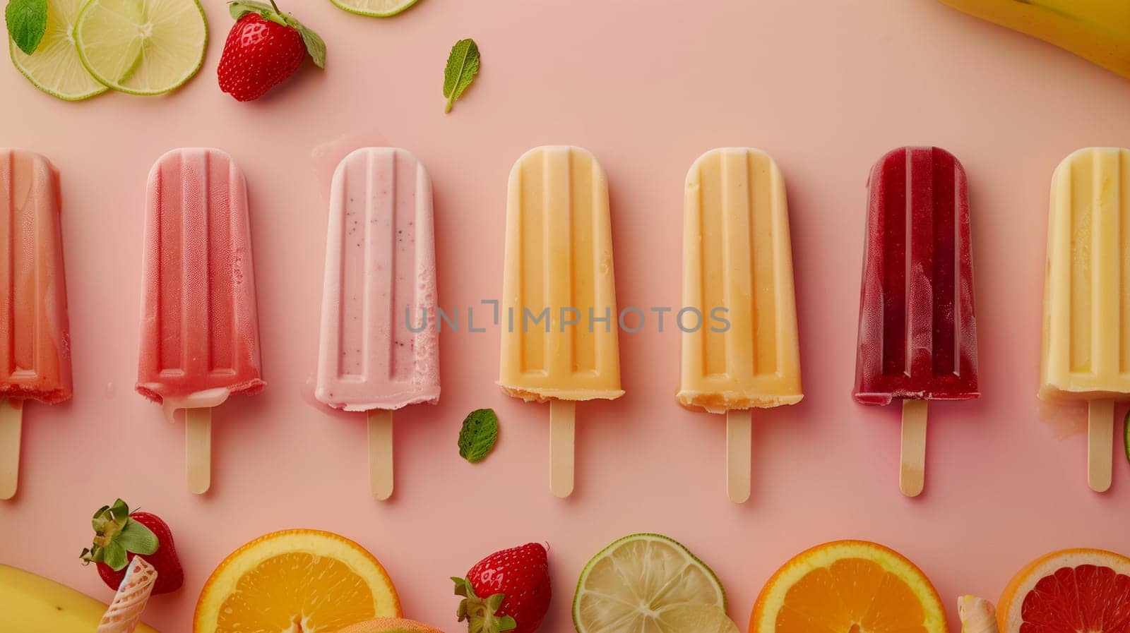 A delightful assortment of fruit-flavored popsicles is neatly arranged on a pastel pink surface. Each popsicle showcases vibrant colors representing various flavors, while fresh strawberries, oranges, limes, and mint leaves enhance the presentation, creating an inviting treat perfect for a warm day.