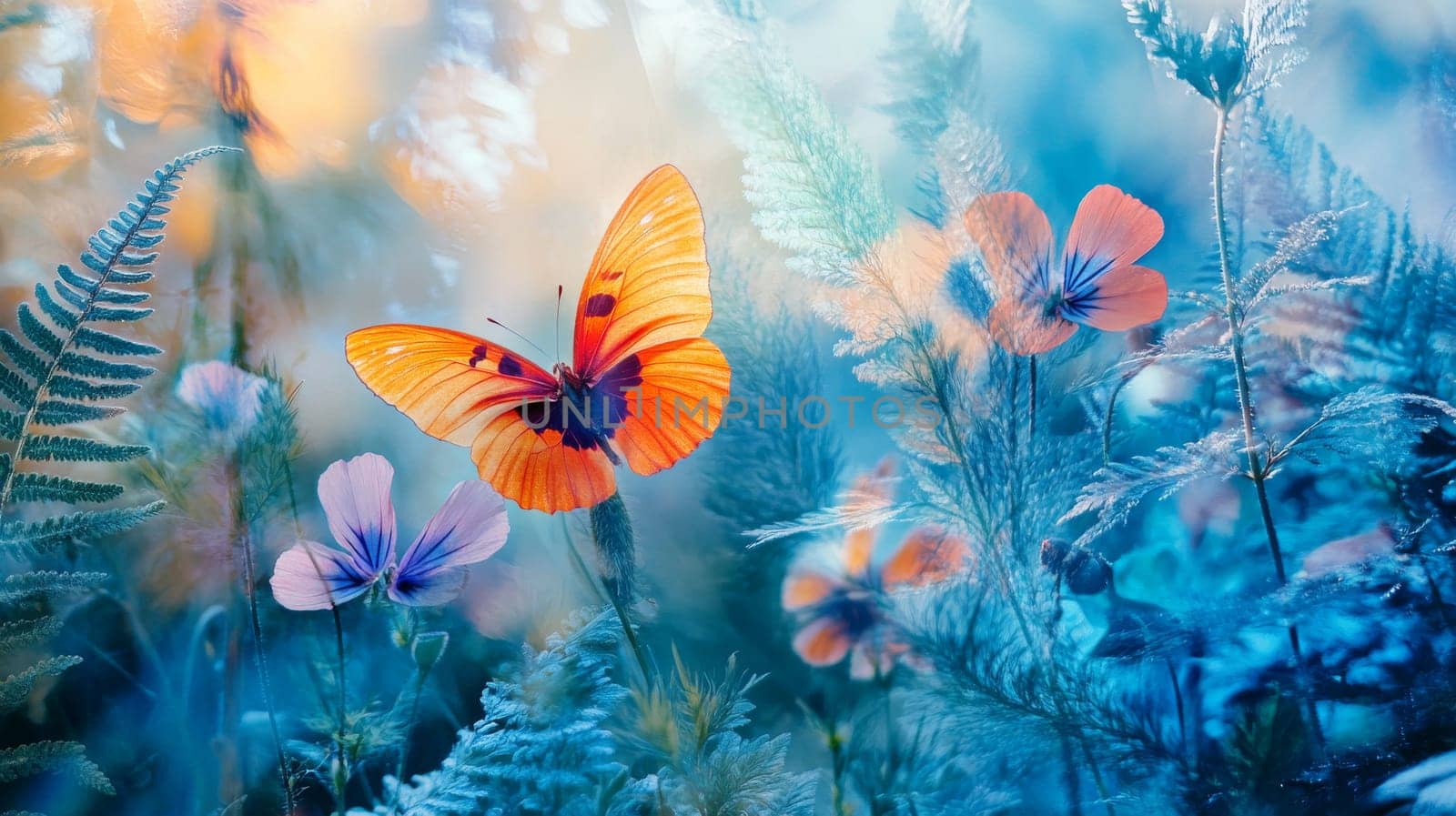 Butterfly among vibrant wildflowers in dreamy forest atmosphere.