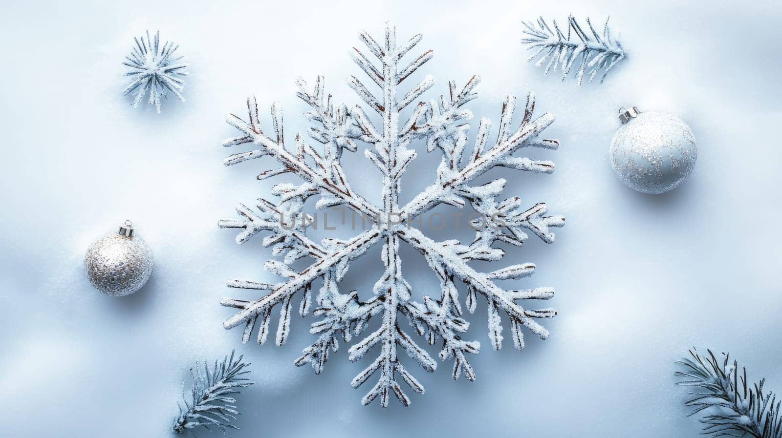 Snowflake and ornaments on snowy background, winter holiday decoration concept.