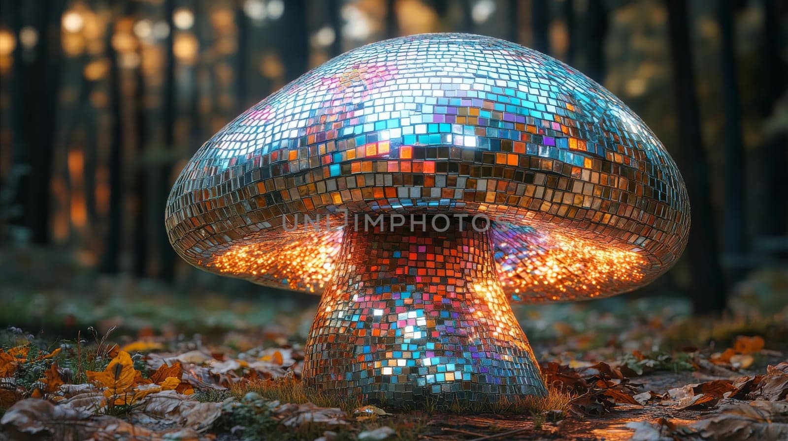 Glowing mosaic mushroom in forest at dusk, artistic installation concept.