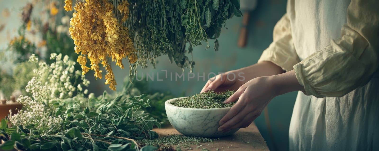 Herbalist preparing dried herbs on wooden table, rustic setting. Natural therapy and wellness concept.