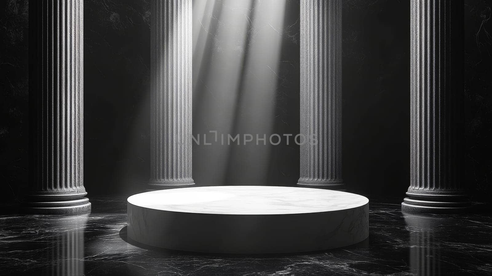 Marble pedestal with columns and dramatic lighting.