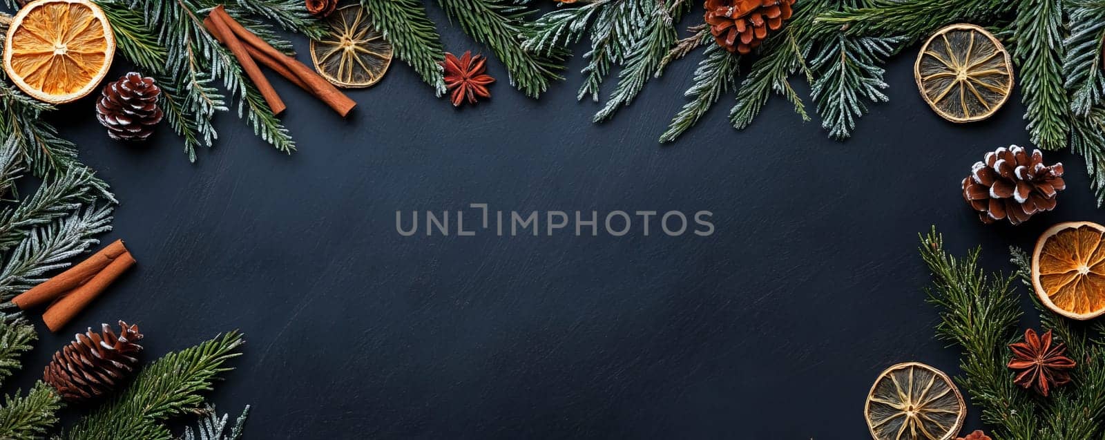 Festive christmas background with pine branches and dried citrus, winter holiday concept.