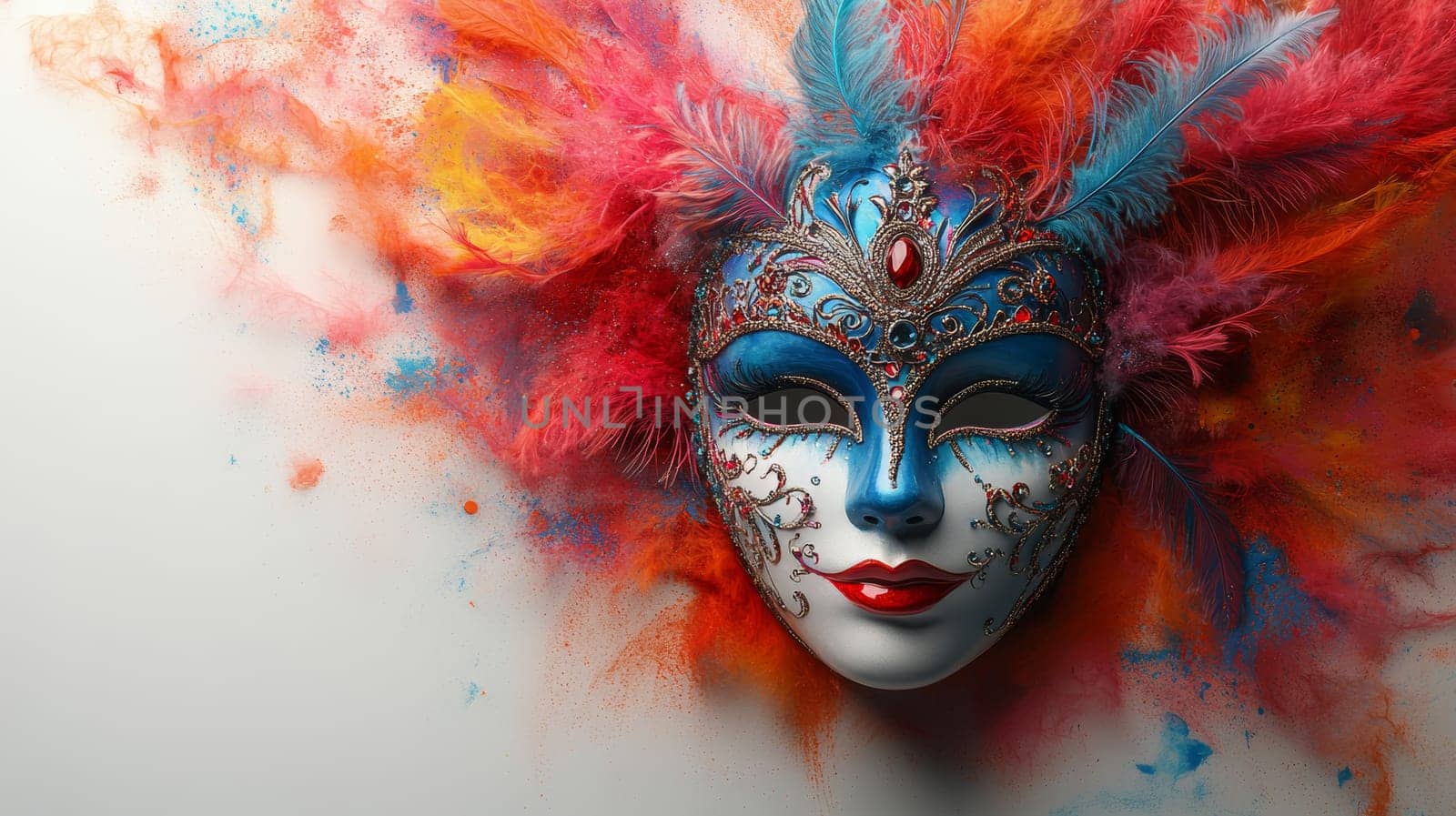Venetian mask with vibrant feathers on white background, artistic expression concept.