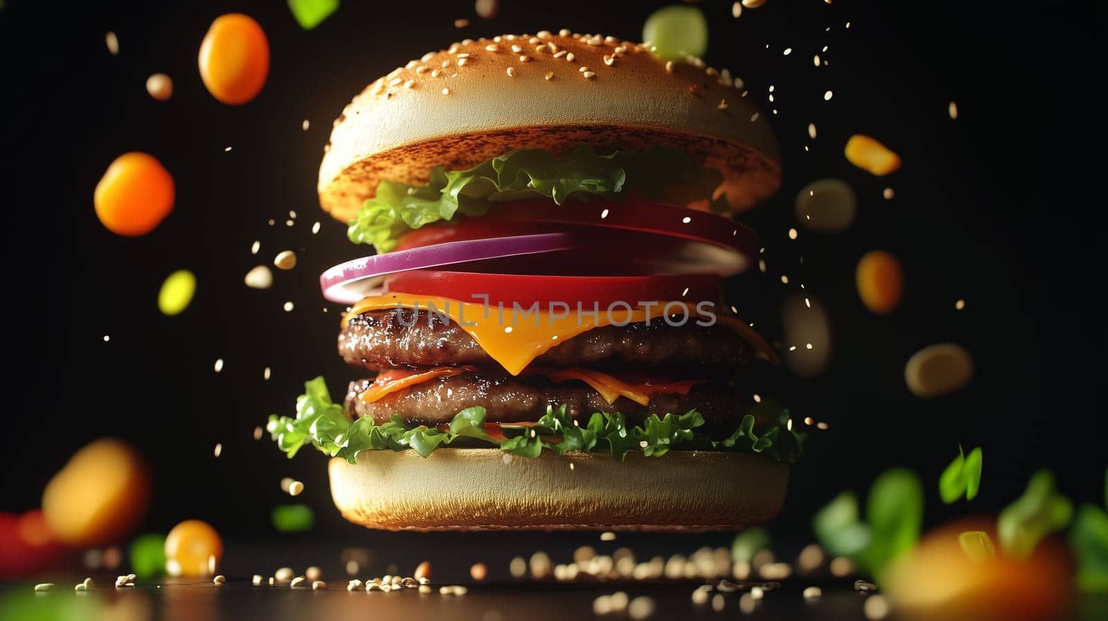 A gourmet burger stacked with two patties, cheese, lettuce, tomato, and onion, surrounded by flying ingredients.