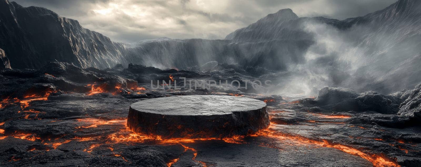 Volcanic landscape with glowing lava and rocky plateau, dramatic scene. Natural wonder and geological exploration concept.