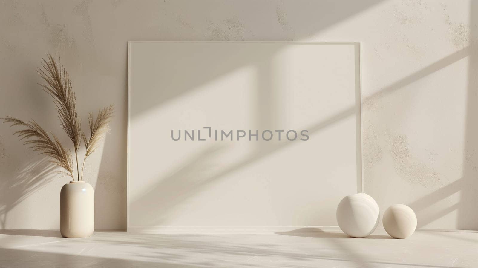 Bright natural light filters through a window, illuminating a minimalist setting with a simple vase holding dried foliage, accompanied by two decorative orbs. The neutral tones create a serene atmosphere perfect for modern decor.
