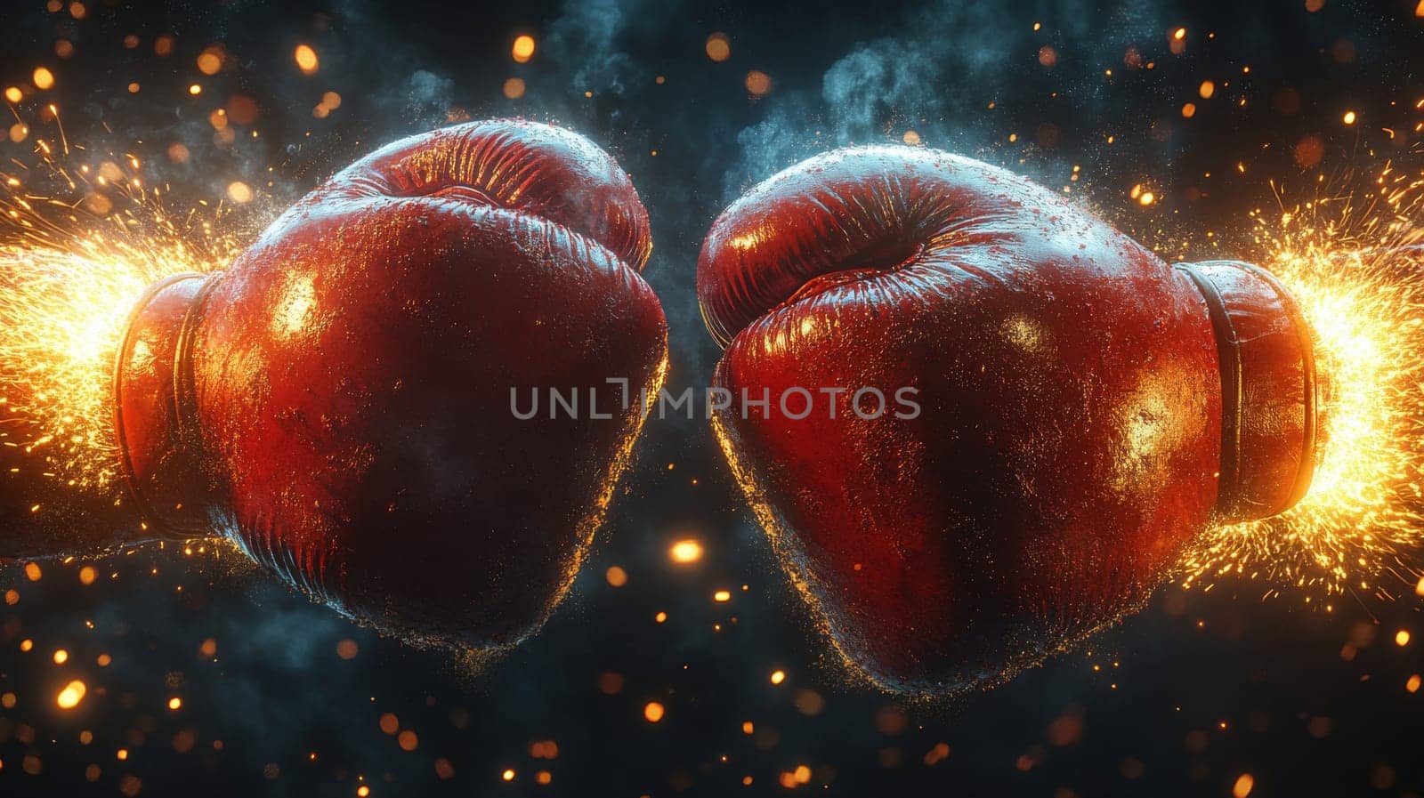 Two red boxing gloves colliding with sparks, dynamic sports action concept.