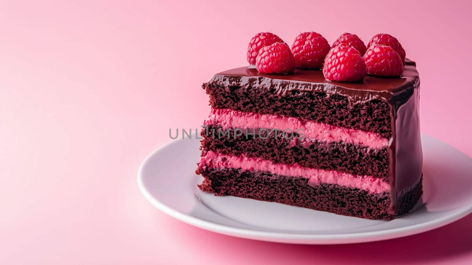 Layers of rich chocolate cake filled with vibrant raspberry cream are topped with fresh raspberries, creating a tempting dessert displayed on a white plate with a soft pink backdrop.